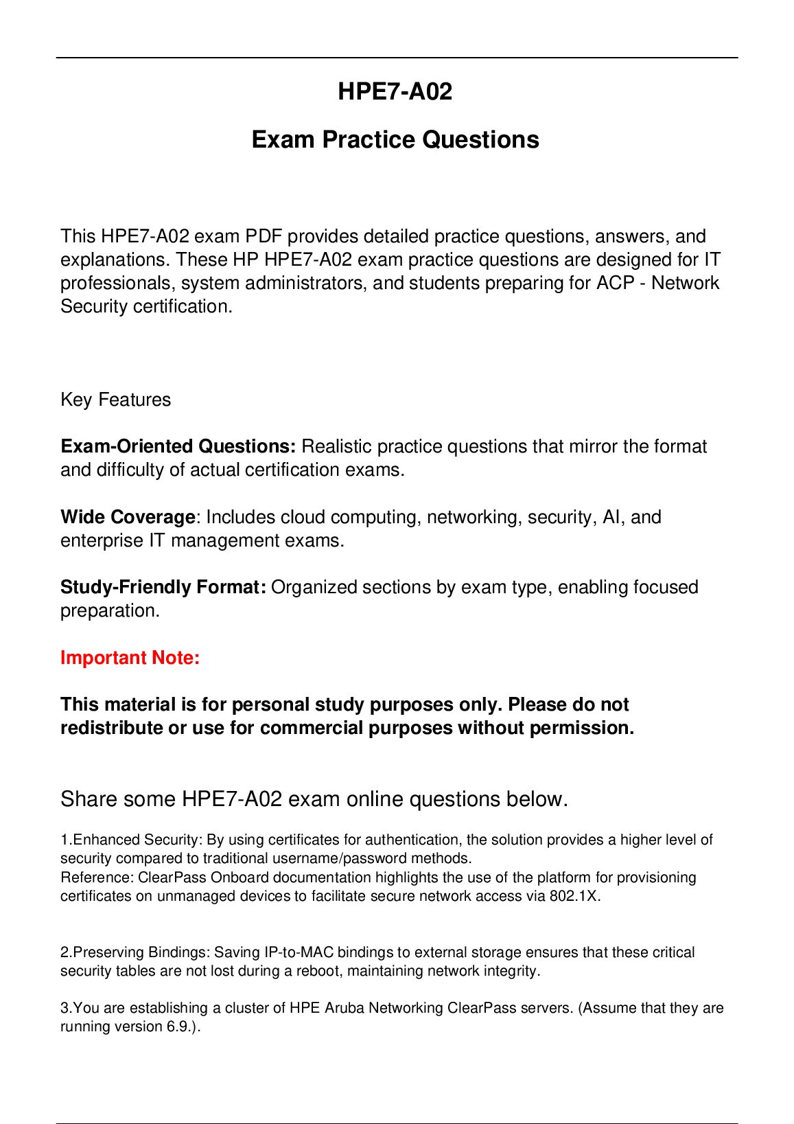 HPE7-A02 HPE Exam Updated Practice Questions in June 2026  for ACP - Network  Security certification. preview image
