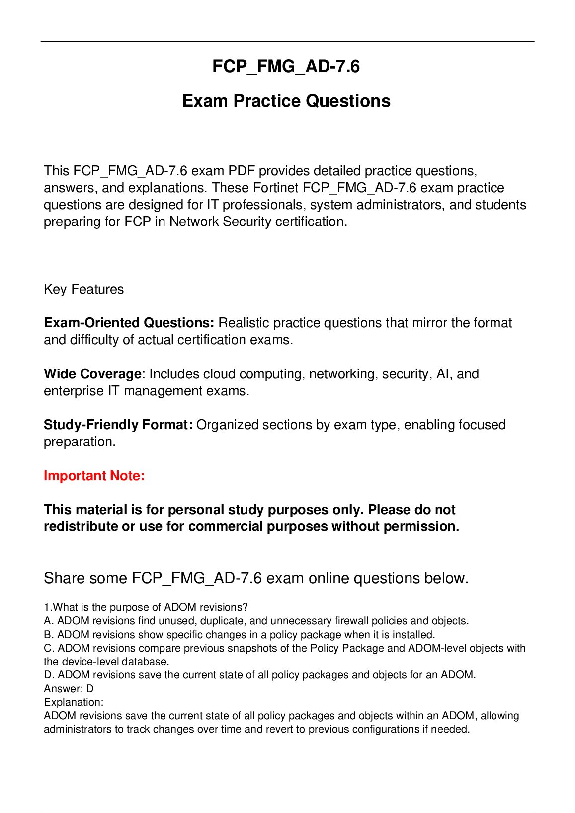 FCP FMG AD-7.6 Fortinet Exam Practice Questions for FCP in Network Security certification. preview image