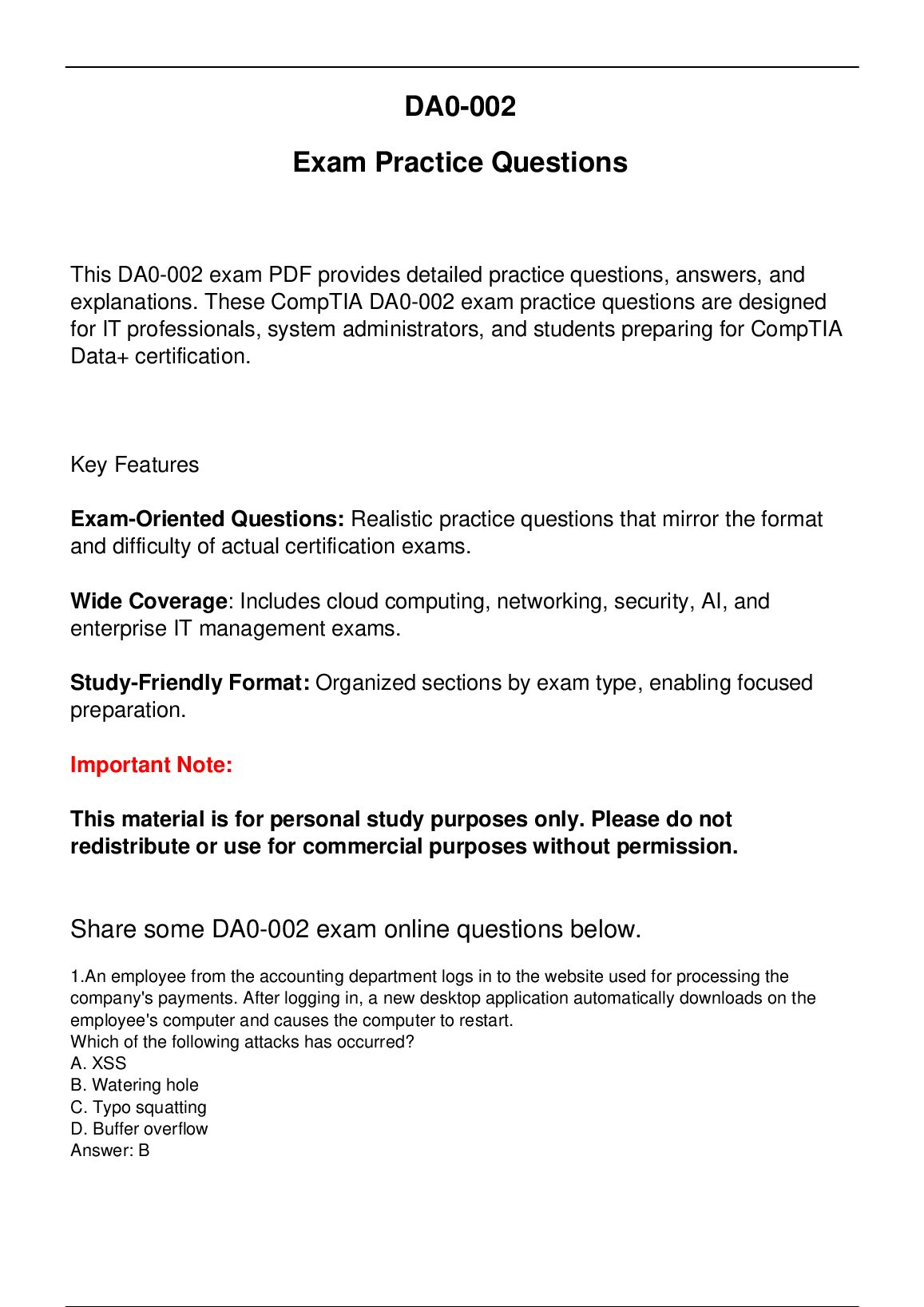DA0-002 CompTIA Data+ Updated Practice Questions in June 2026 for CompTIA  Data+ certification. preview image