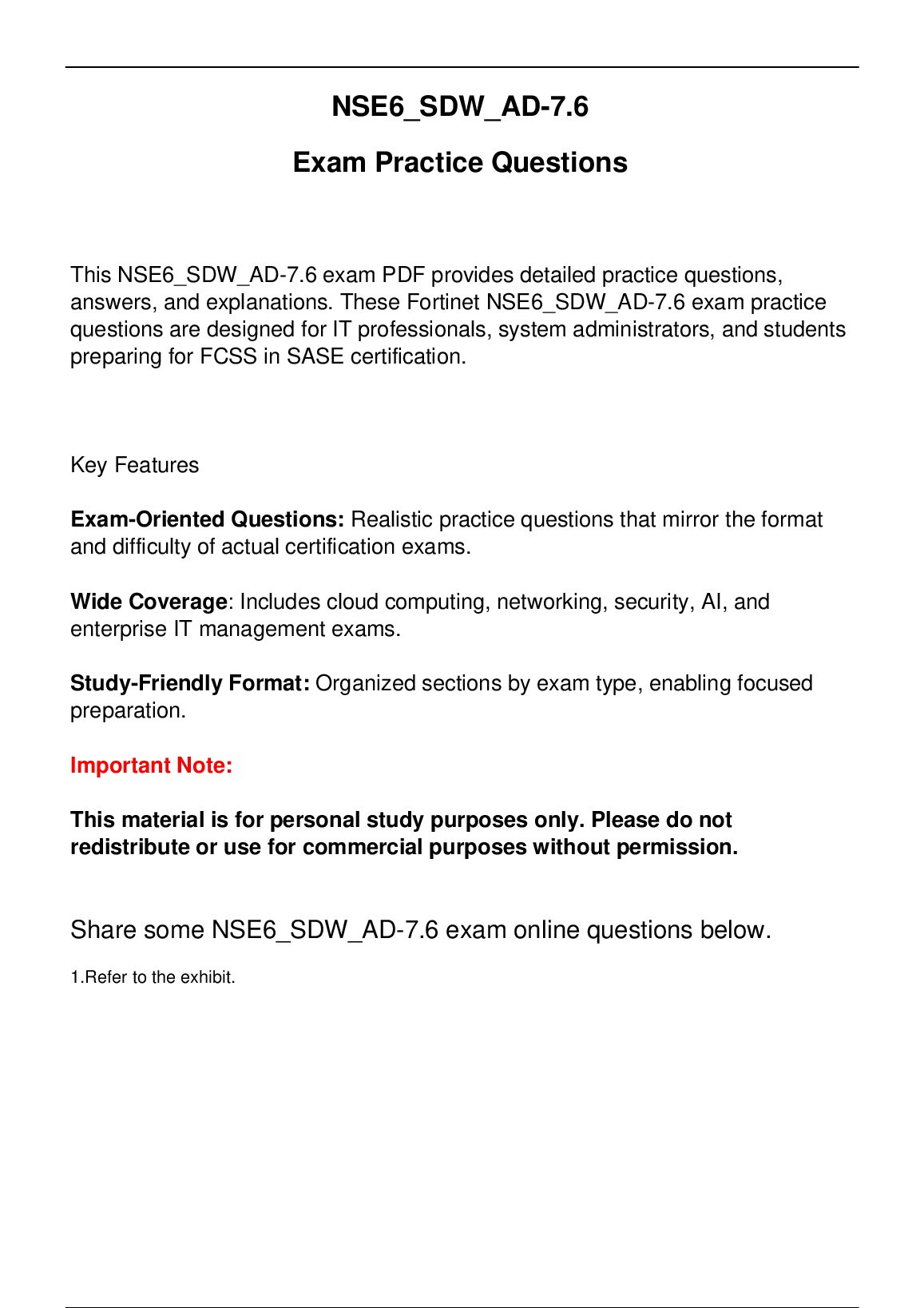 NSE6 SDW AD-7.6 Fortinet Exam Updated Practice Questions in June 2026 for FCSS in SASE certification. preview image
