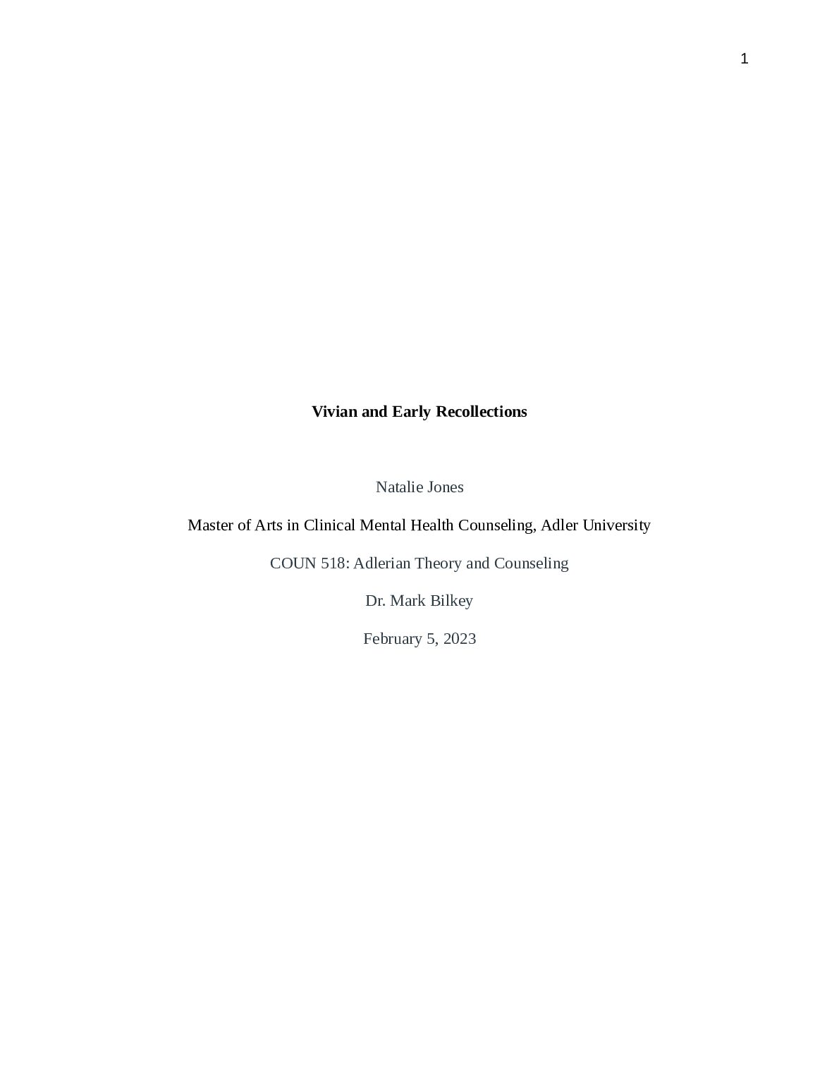Vivian and Early Recollections COUN 518: Adlerian Theory and Counseling preview image