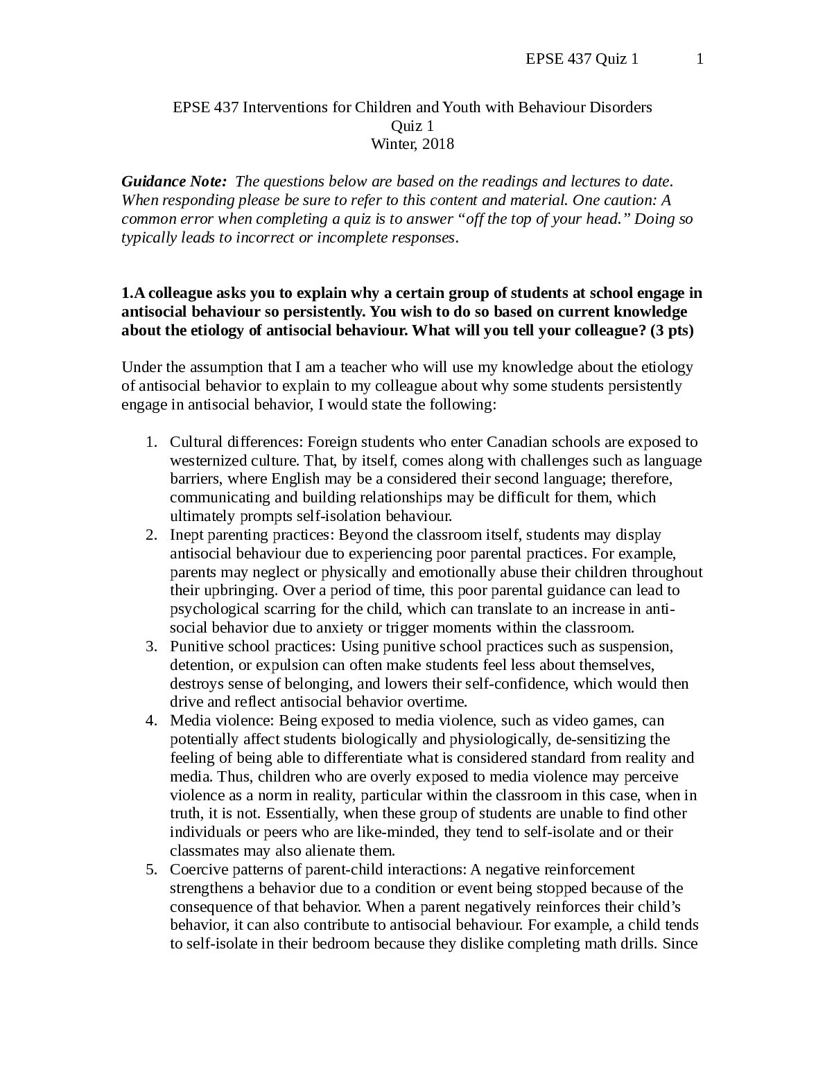 EPSE 437 Interventions for Children and Youth with Behaviour Disorders  Quiz 1 preview image