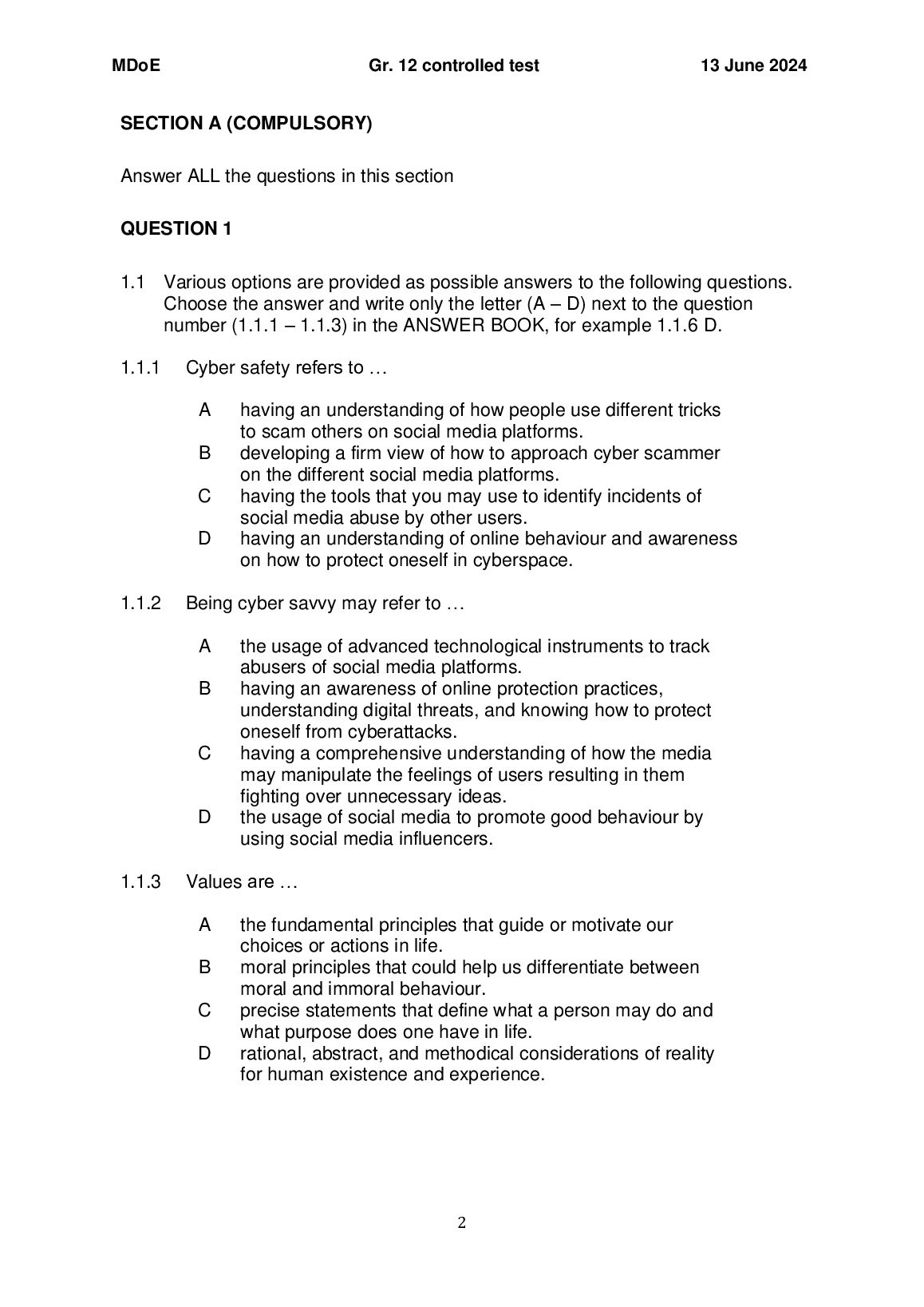 MDoE Gr. 12 controlled test 13 June 2024 document preview page 3