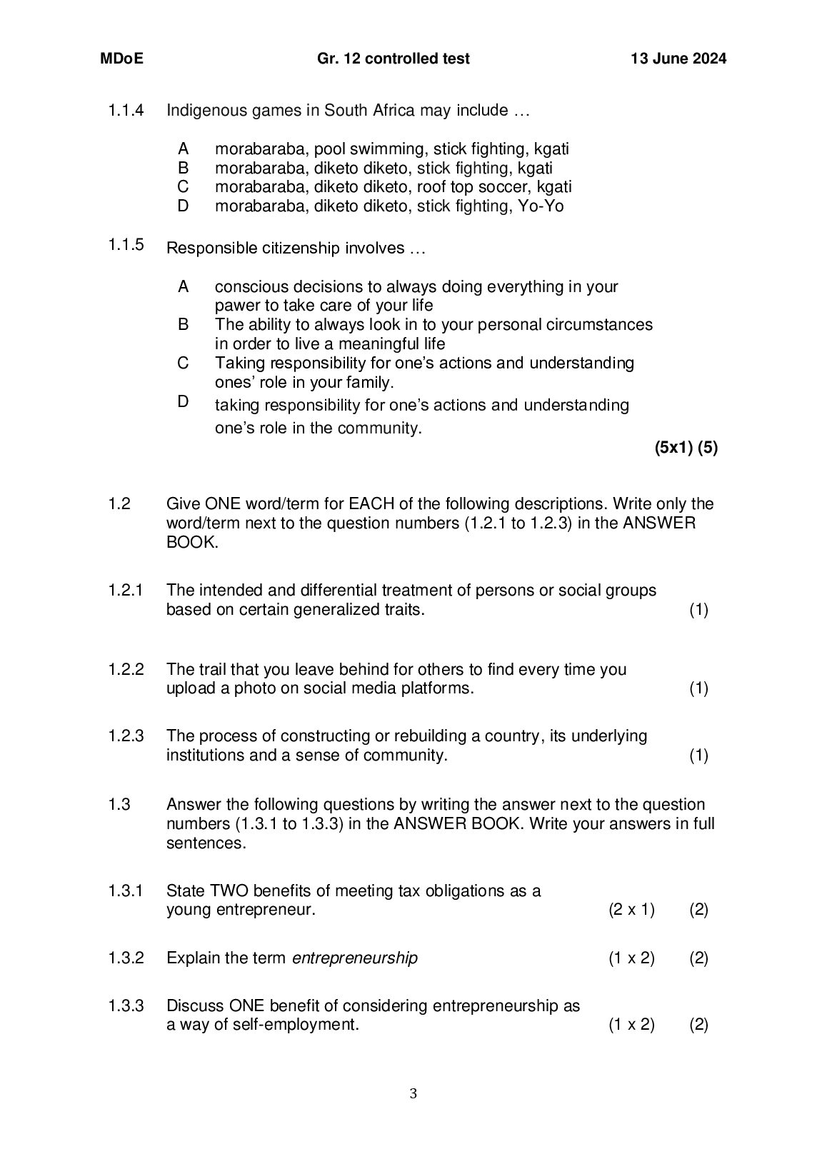 MDoE Gr. 12 controlled test 13 June 2024 document preview page 4