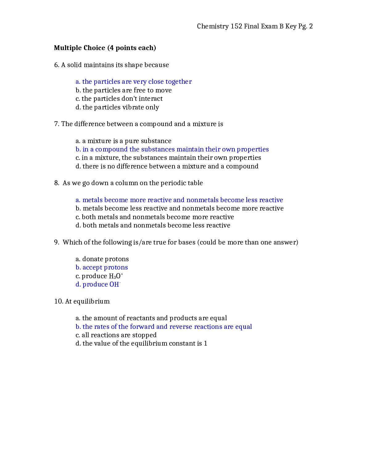Chemistry 152 Final Exam B key document preview page 2