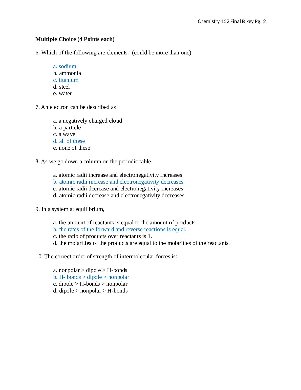 Chemistry 152 Final Exam AKey document preview page 2