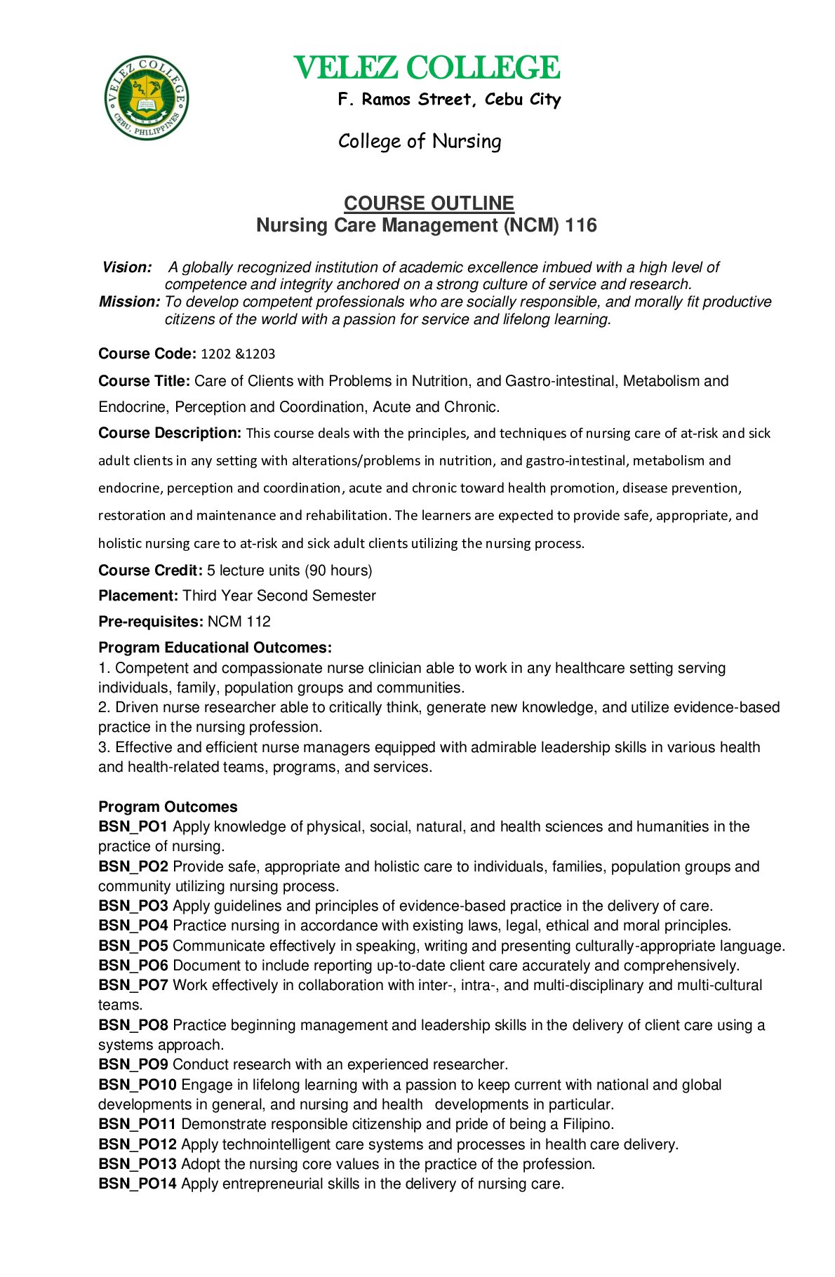 Nursing Care Management (NCM) 116  Course outline format_for STUDENTS preview image