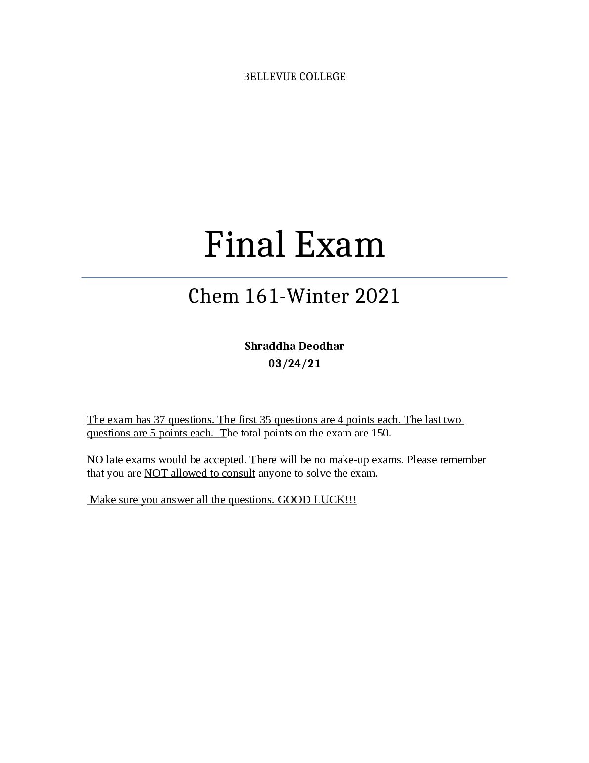 CHEM 161 General Chemistry with Lab I Final Exam preview image