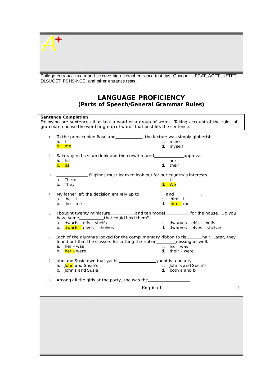 Eng Module 1  PARTS OF SPEECH, GENERAL GRAMMAR RULES | College entrance exam and science high school entrance test tips.... preview image