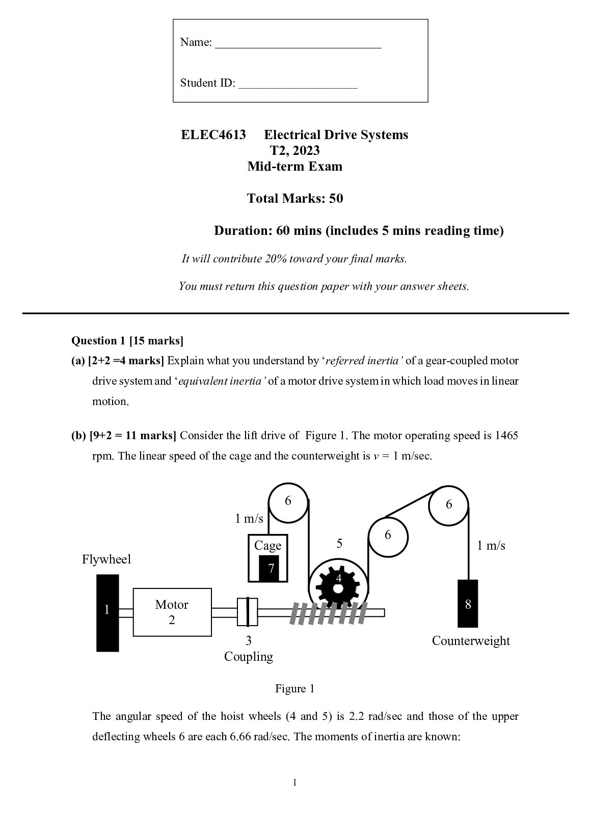ELEC4613 Electrical Drive Systems T2, 2023 Mid-term Exam preview image
