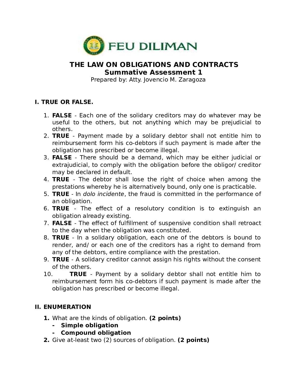 THE LAW ON OBLIGATIONS AND CONTRACTS Summative Assessment 1 preview image
