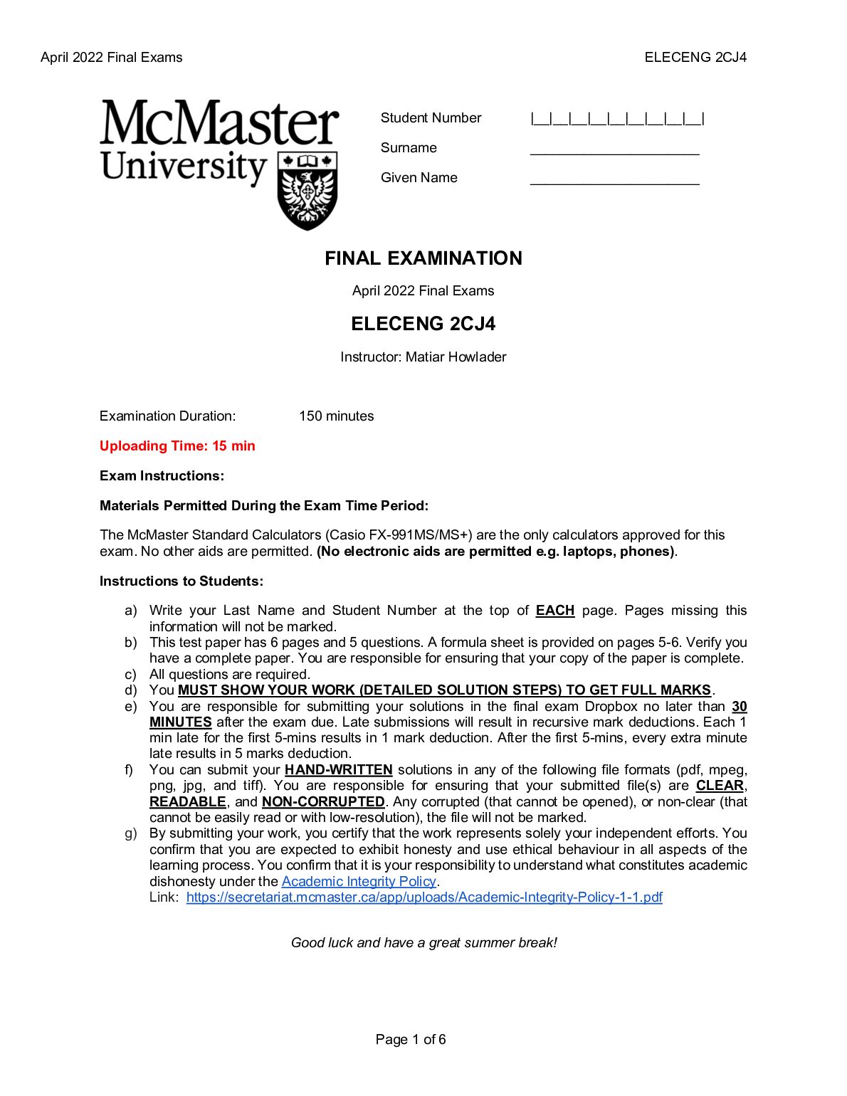 April 2022 Final Exams ELECENG 2CJ4 preview image