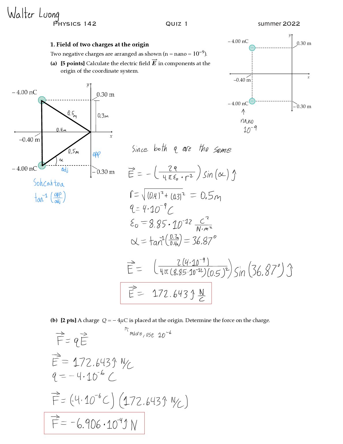 PHYS 142 Electricity and Magnetism  Quiz 1 preview image
