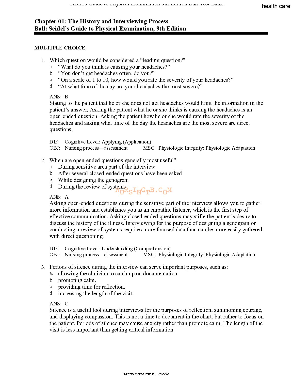 TEST BANK for Seidel's Guide to Physical Examination, 9th Edition by Jane W. Ball, Joyce E. Dains, John A. Flynn, Barry... preview image
