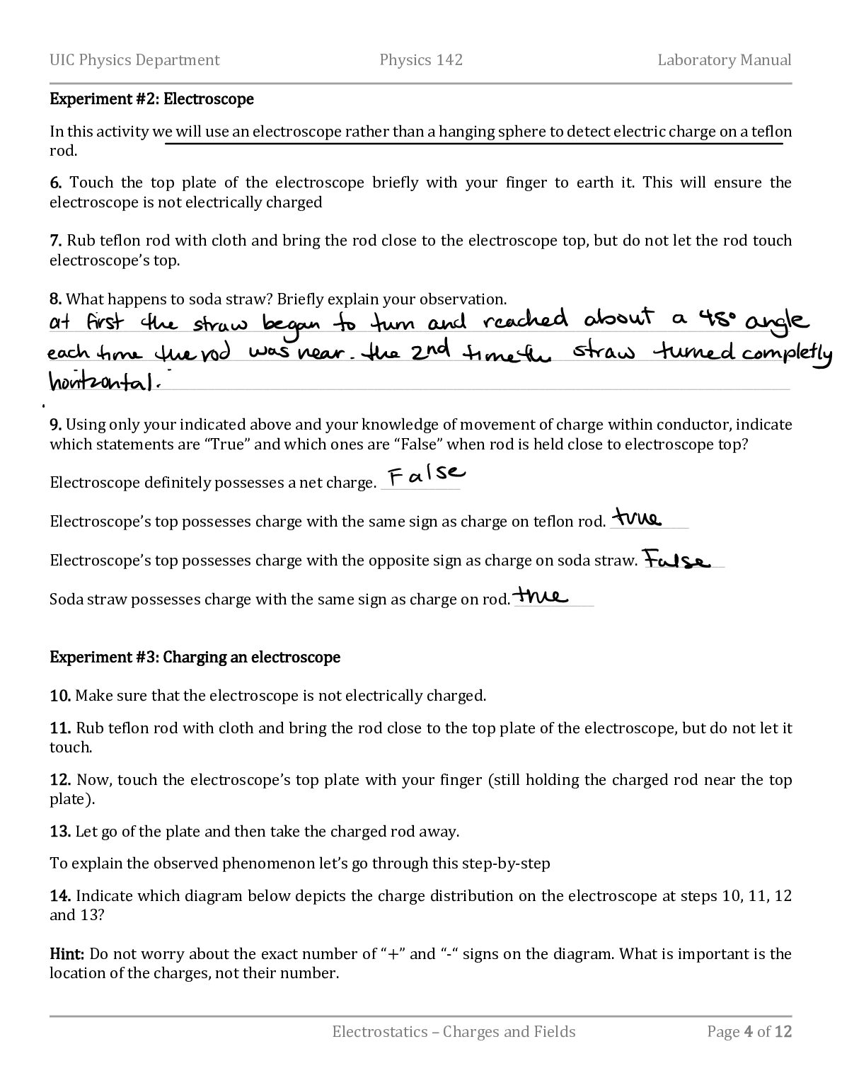 PHYS 142 Electrostatics – Charges and Fields document preview page 4