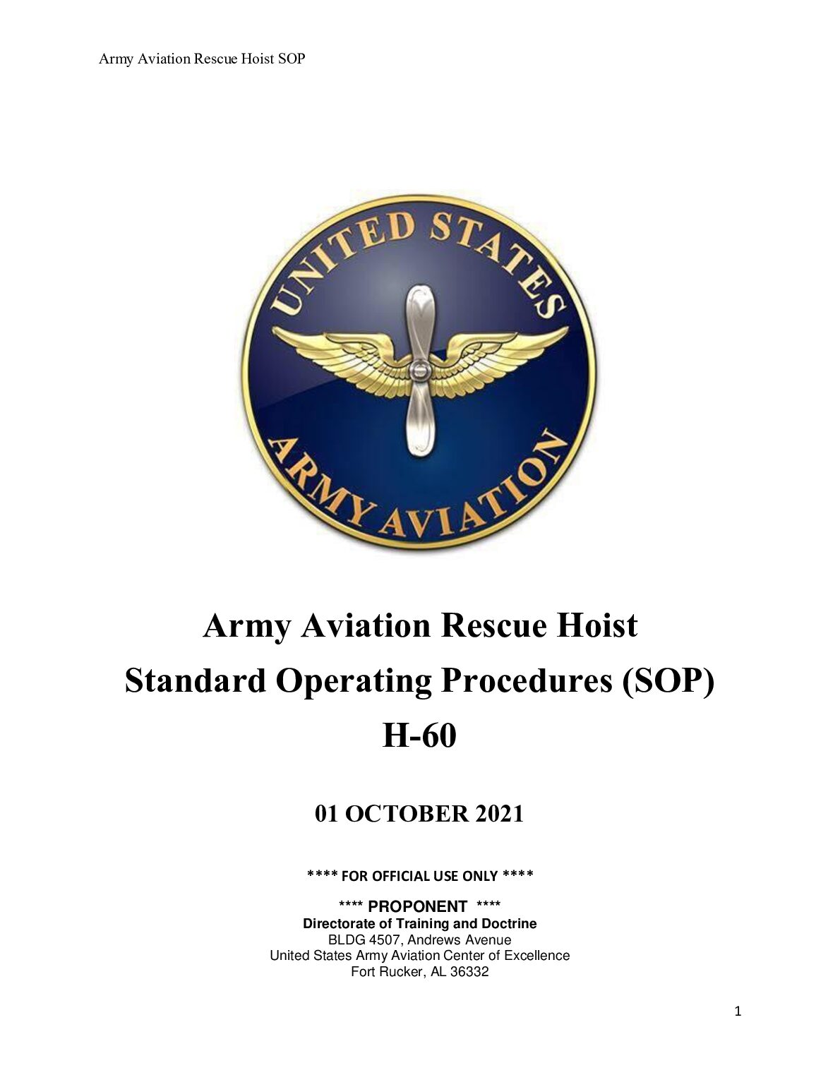 Army Aviation Rescue Hoist Standard Operating Procedures (SOP) H-60 preview image