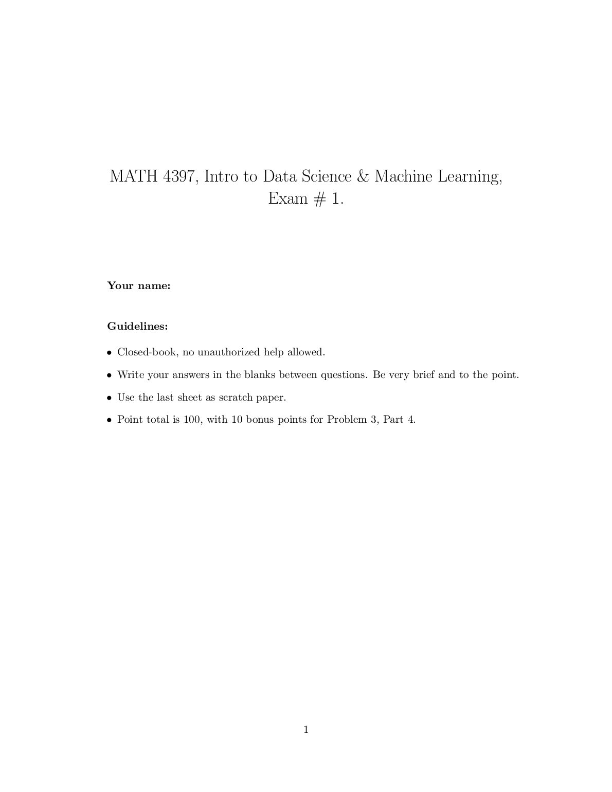 MATH 4397, Intro to Data Science & Machine Learning,  Exam # 1. preview image