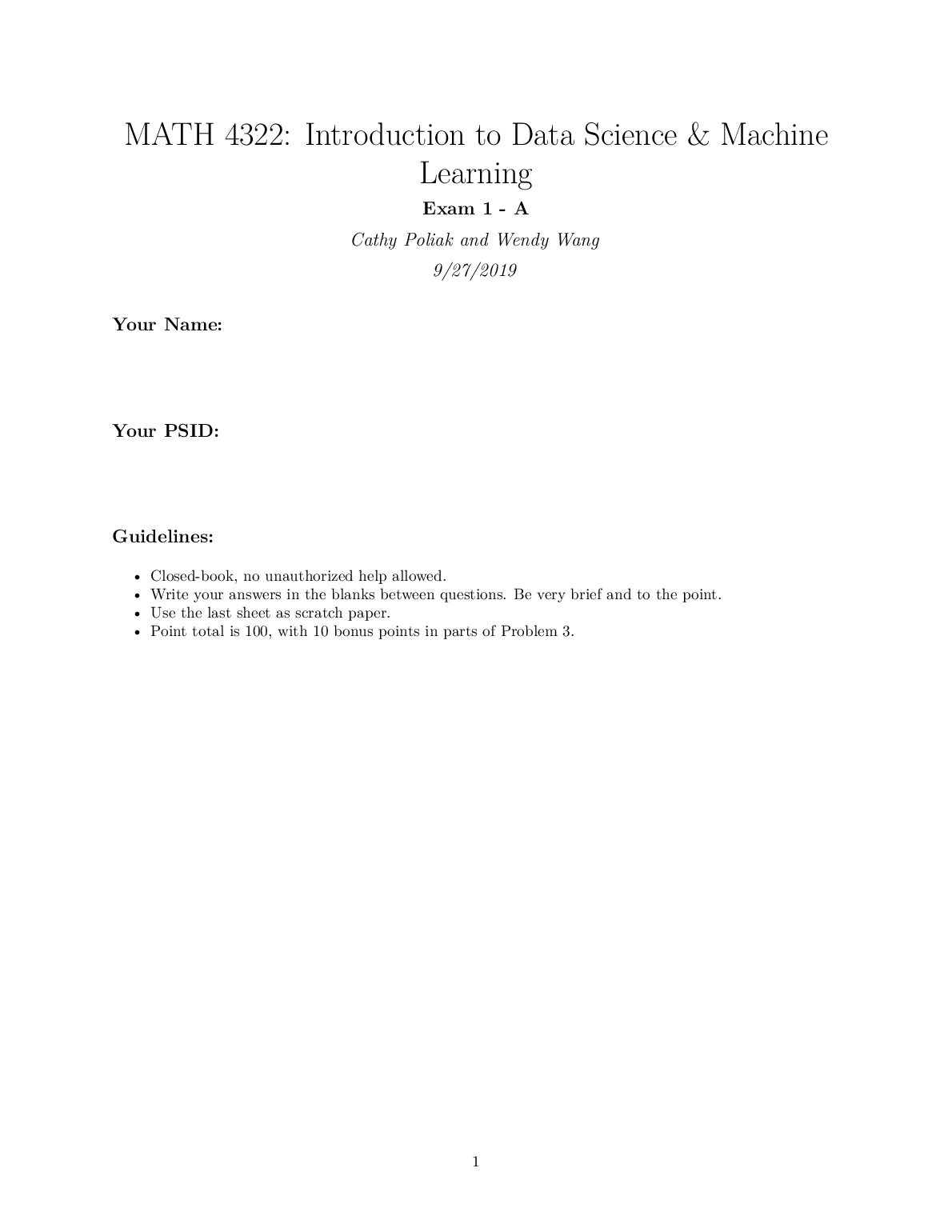 MATH 4322: Introduction to Data Science & Machine Learning  Exam 1 - A preview image