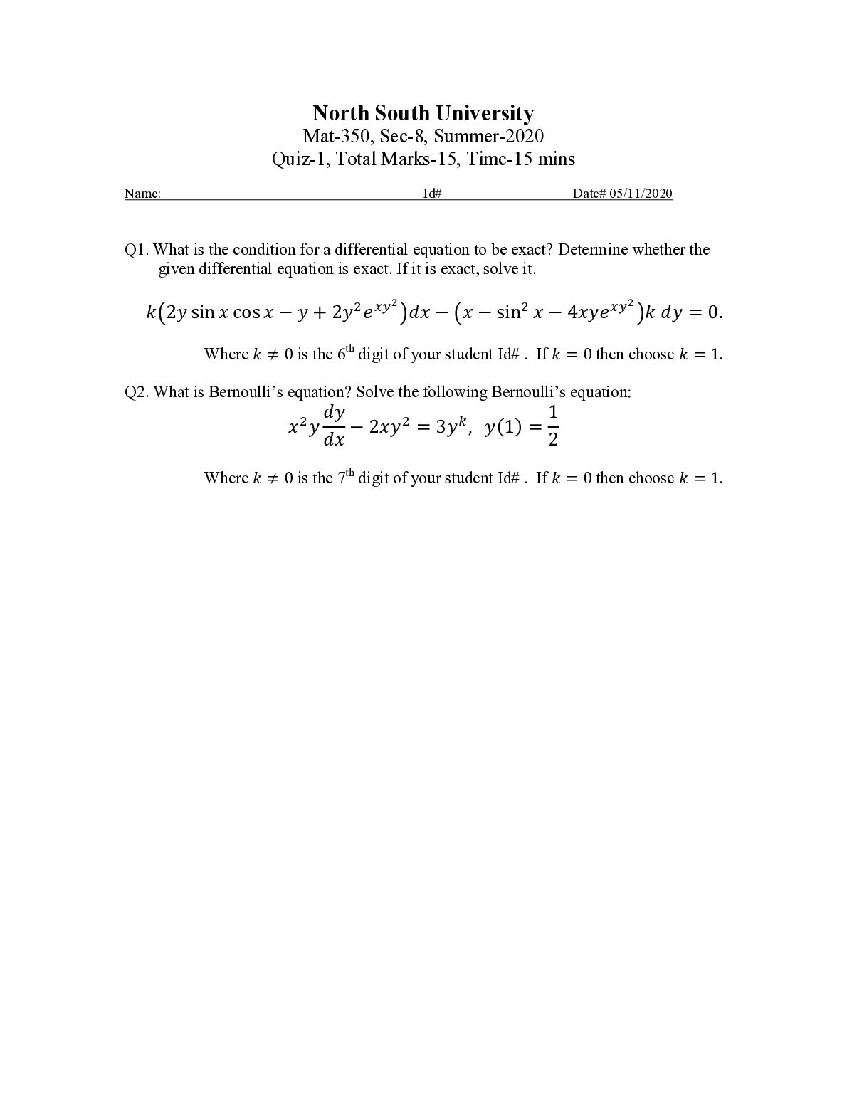 MAT350: Engineering Mathematics Sec-8  Quiz-1, Total Marks-15 preview image