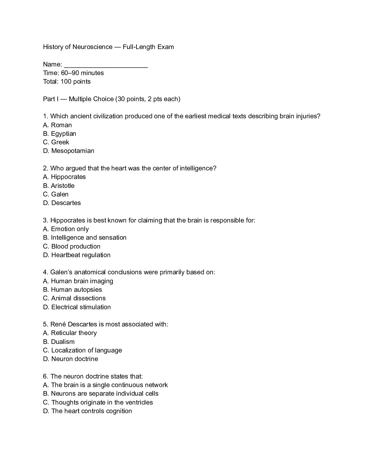 NEUROSC M169 History of Neuroscience Full Length Test preview image