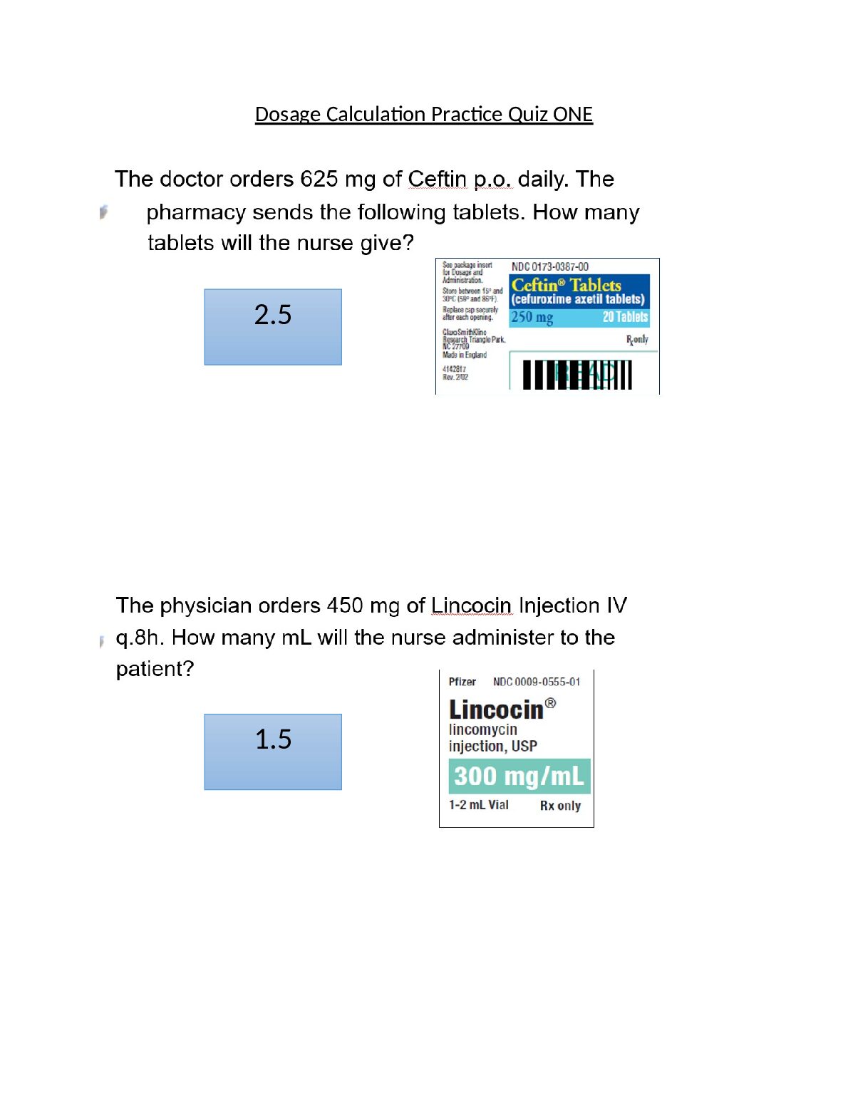 NUR 2407  Dosage Calculation Practice Quiz ONE preview image