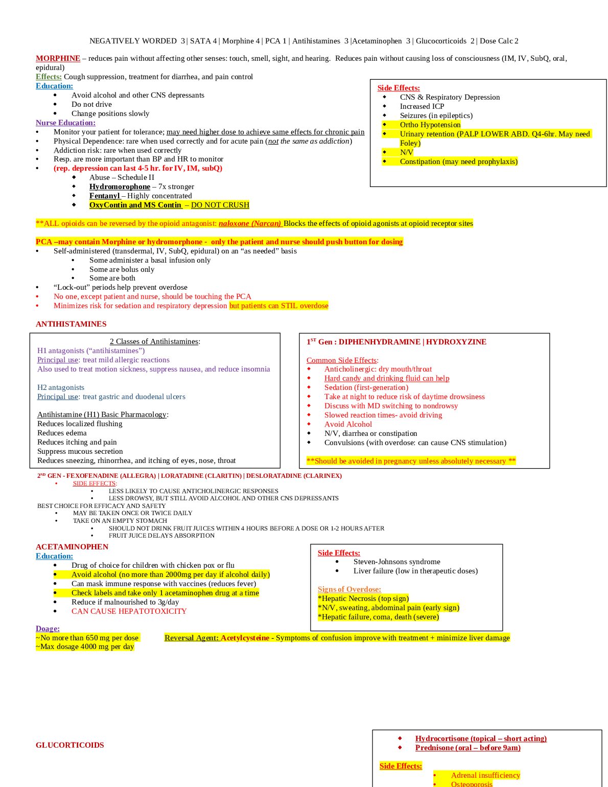 NUR 2407 Pharmacology  Dose Calculation 2 SATA 4 | Morphine 4 | PCA 1 | Antihistamines 3 |Acetaminophen 3 | Glucocortico... preview image