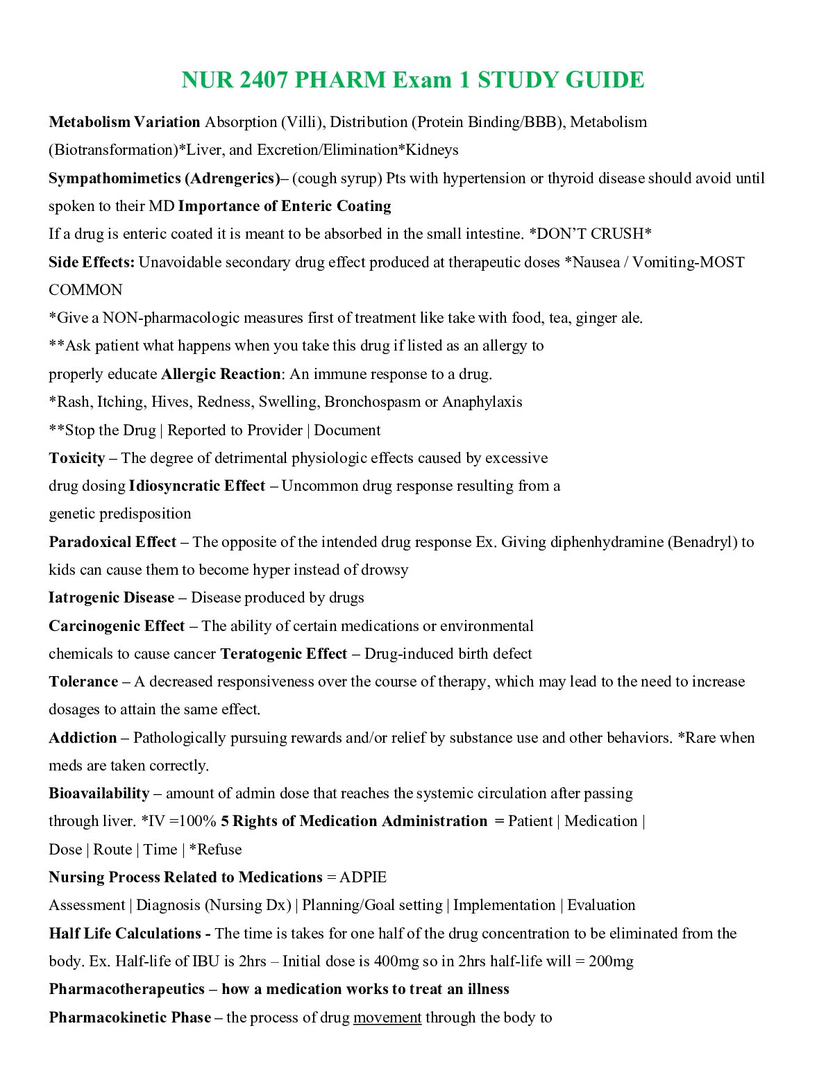 NUR 2407 PHARM Exam 1 STUDY GUIDE preview image