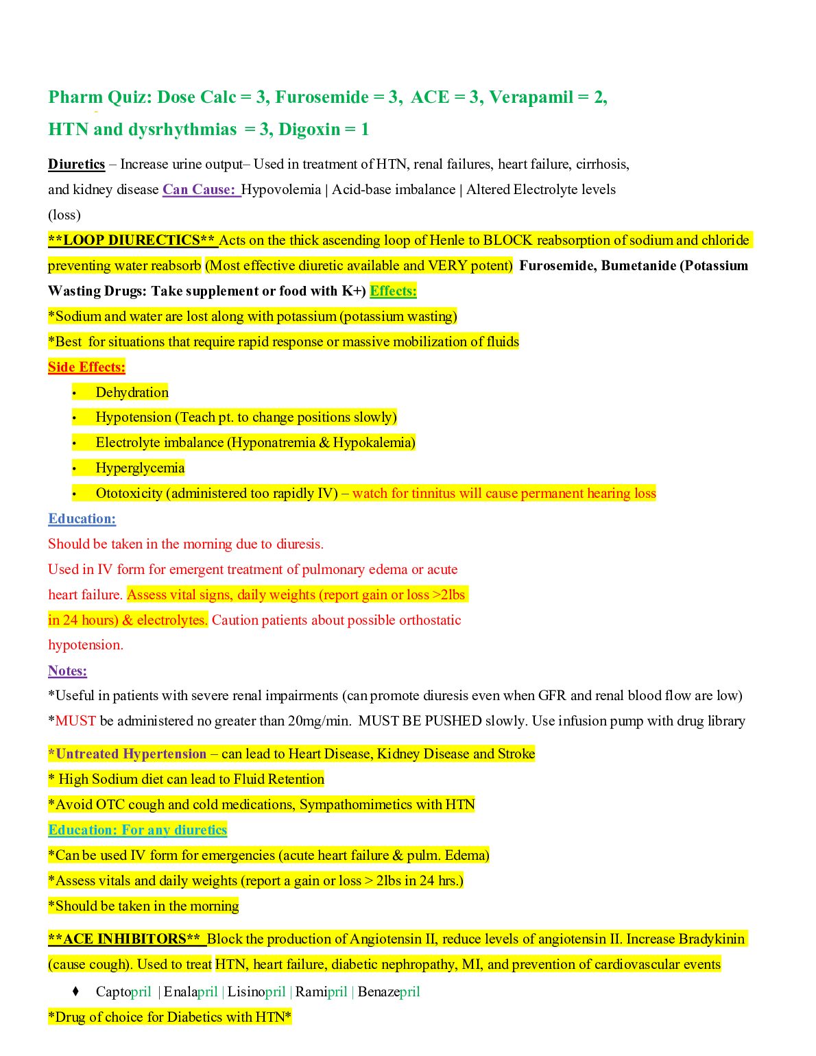 NUR 2407  Pharm Quiz 4: Dose Calculation = 3, Furosemide = 3, ACE = 3, Verapamil = 2, HTN and dysrhythmias = 3, Digoxin... preview image
