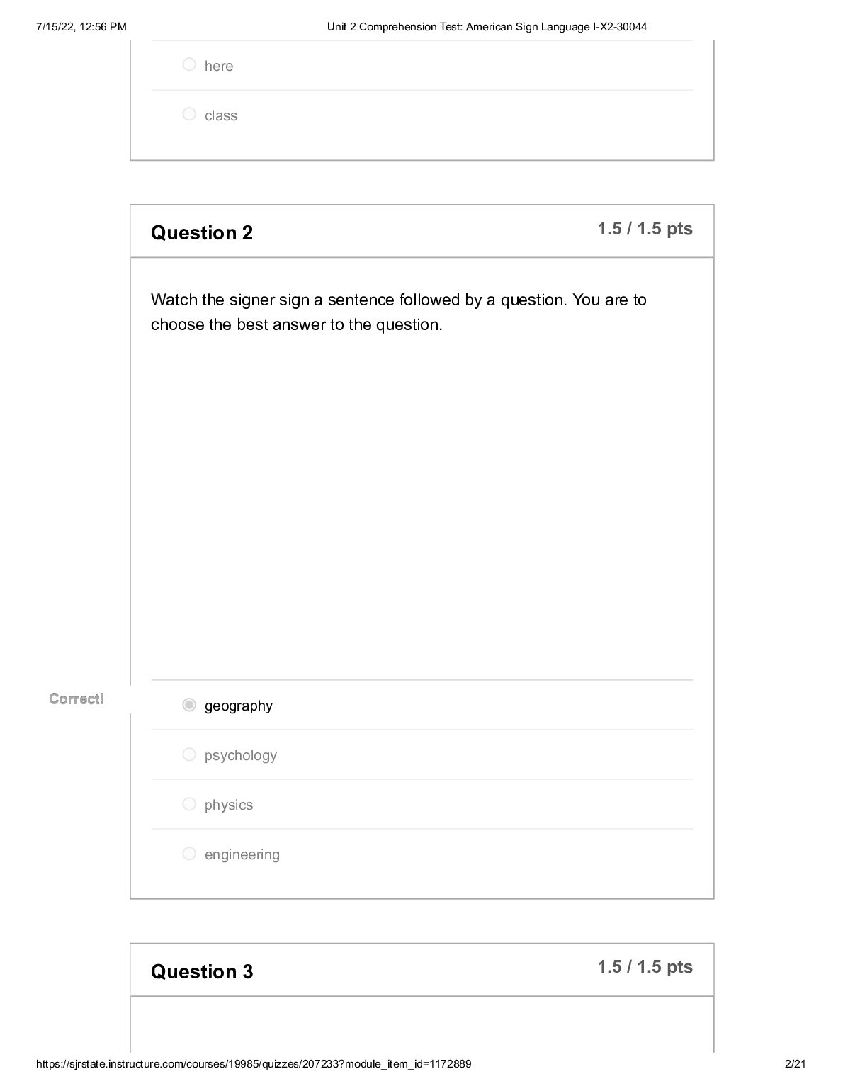 American Sign Language  Unit 2 Comprehension Test: Score for this quiz: 37 out of 40 document preview page 2