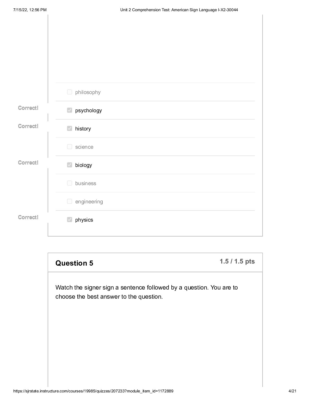 American Sign Language  Unit 2 Comprehension Test: Score for this quiz: 37 out of 40 document preview page 4
