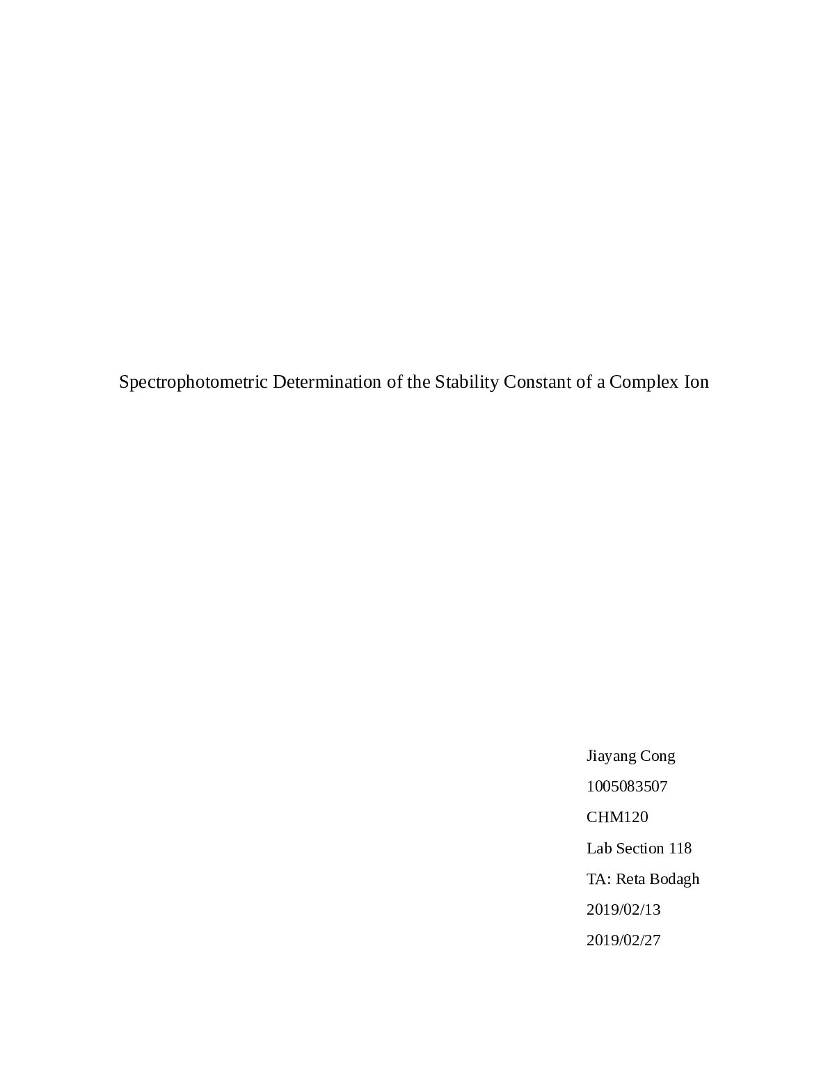 CHM 120  Spectrophotometric Determination of the Stability Constant of a Complex Ion preview image