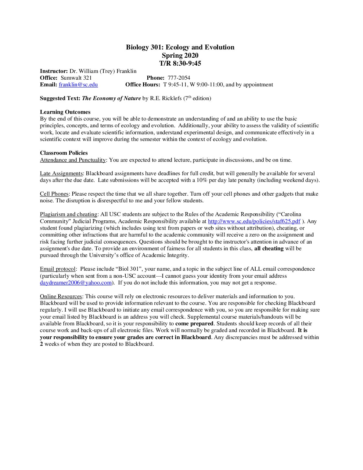 BIOL 301  Ecology and Evolution Syllabus preview image