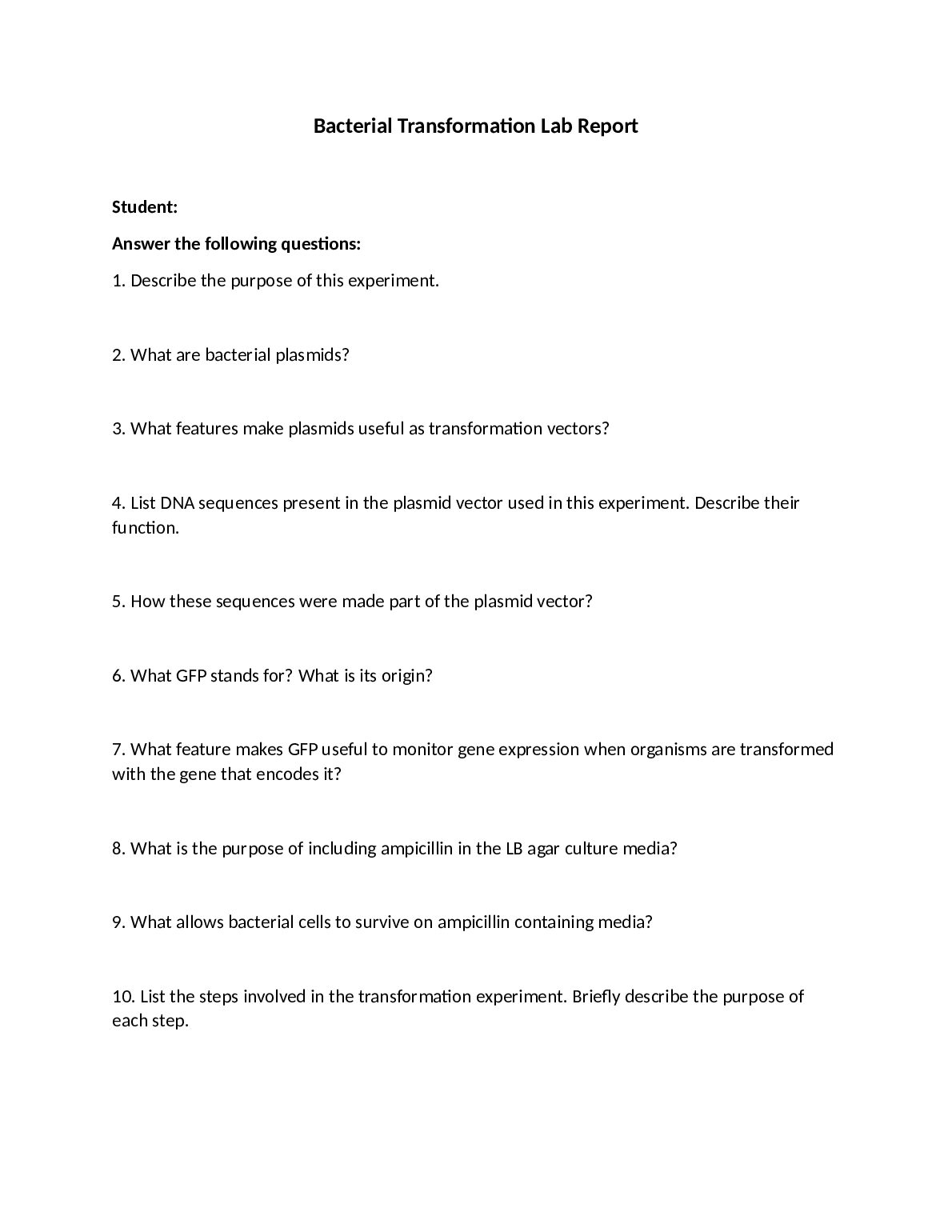 Bacterial Transformation Lab Report preview image