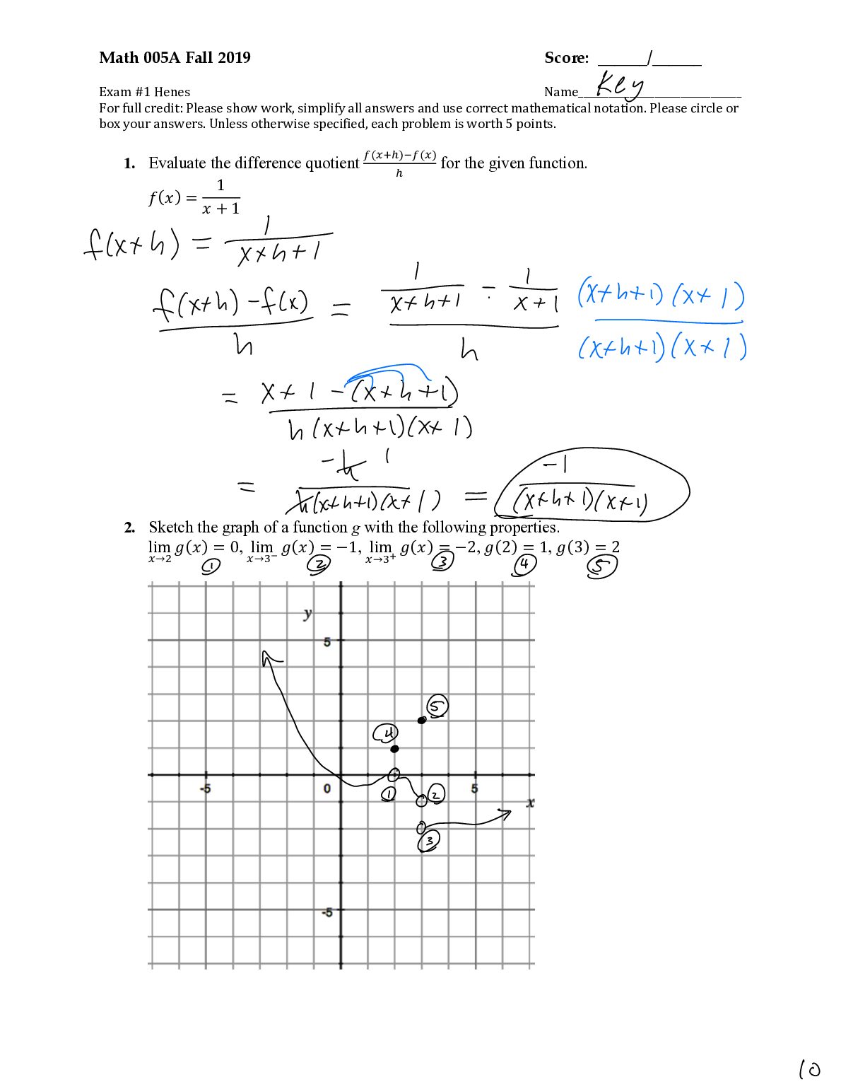 Math 005A Exam 1 Answer Key | MATH 5A Single Variable Calculus I Exam 1 Answer Key preview image
