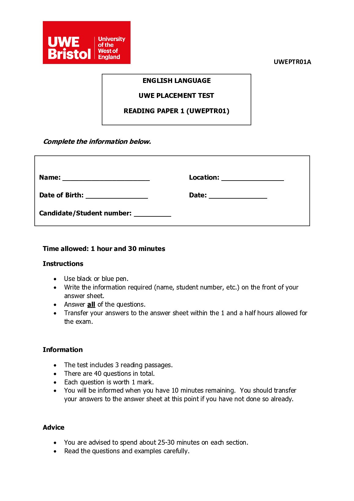 ENGLISH LANGUAGE UWE PLACEMENT TEST READING PAPER 1 (UWEPTR01) preview image