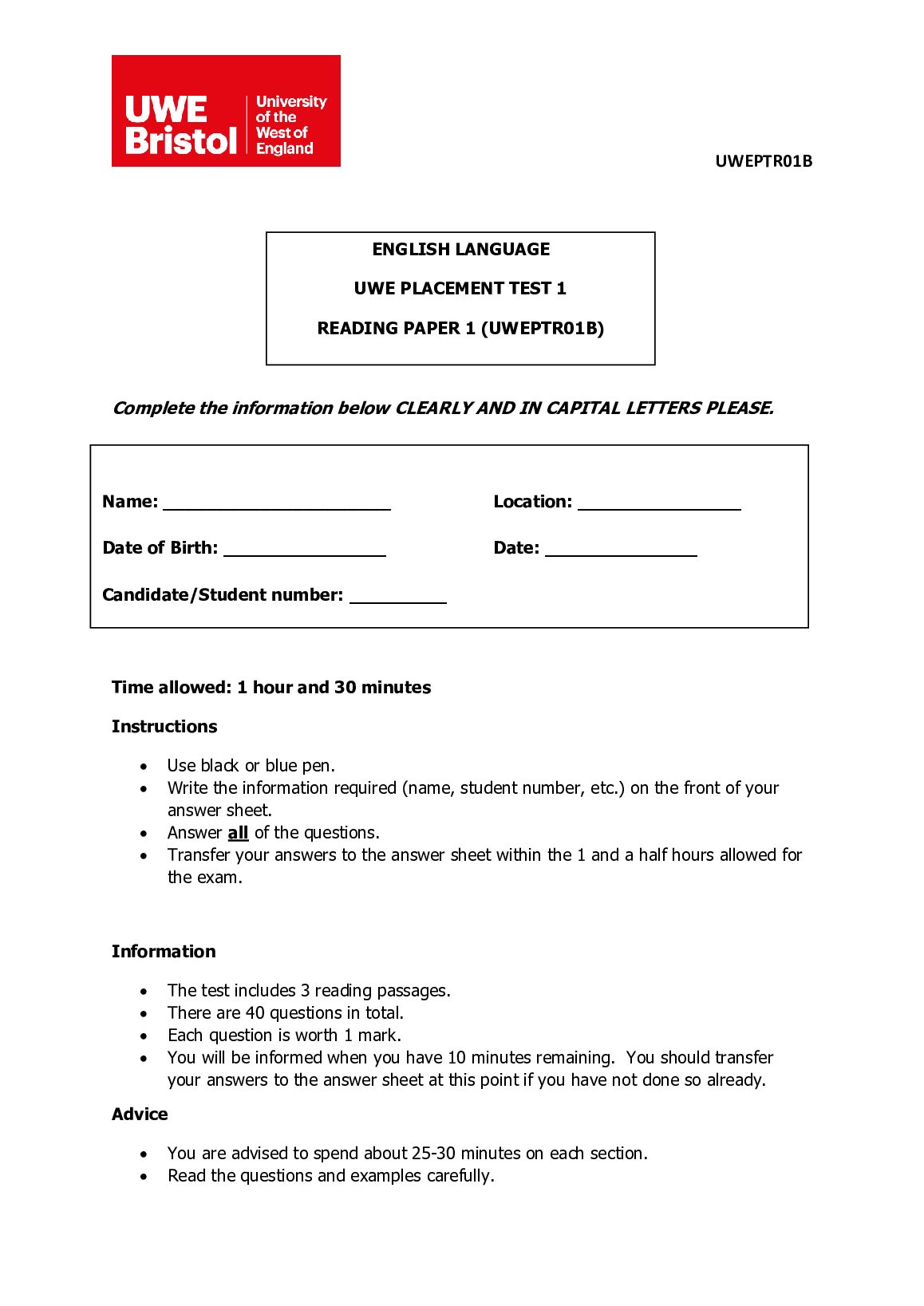 ENGLISH LANGUAGE  UWE PLACEMENT TEST 1  READING PAPER 1 (UWEPTR01B) preview image