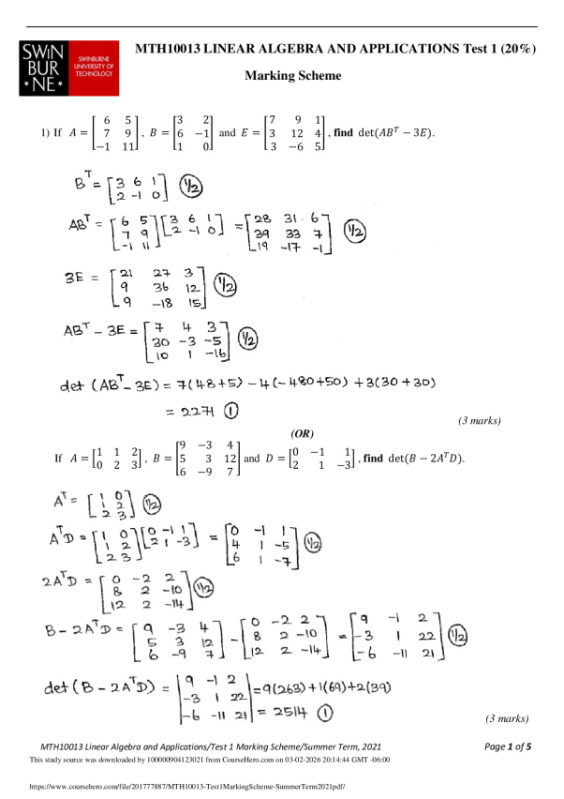 MTH10013 LINEAR ALGEBRA AND APPLICATIONS Test 1 (20%) Marking Scheme Summer+Term+2021 preview image