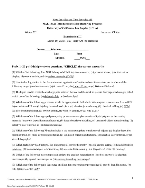 MAE 183A: Introduction to Manufacturing Processes Examination III SOLUTIONS preview image