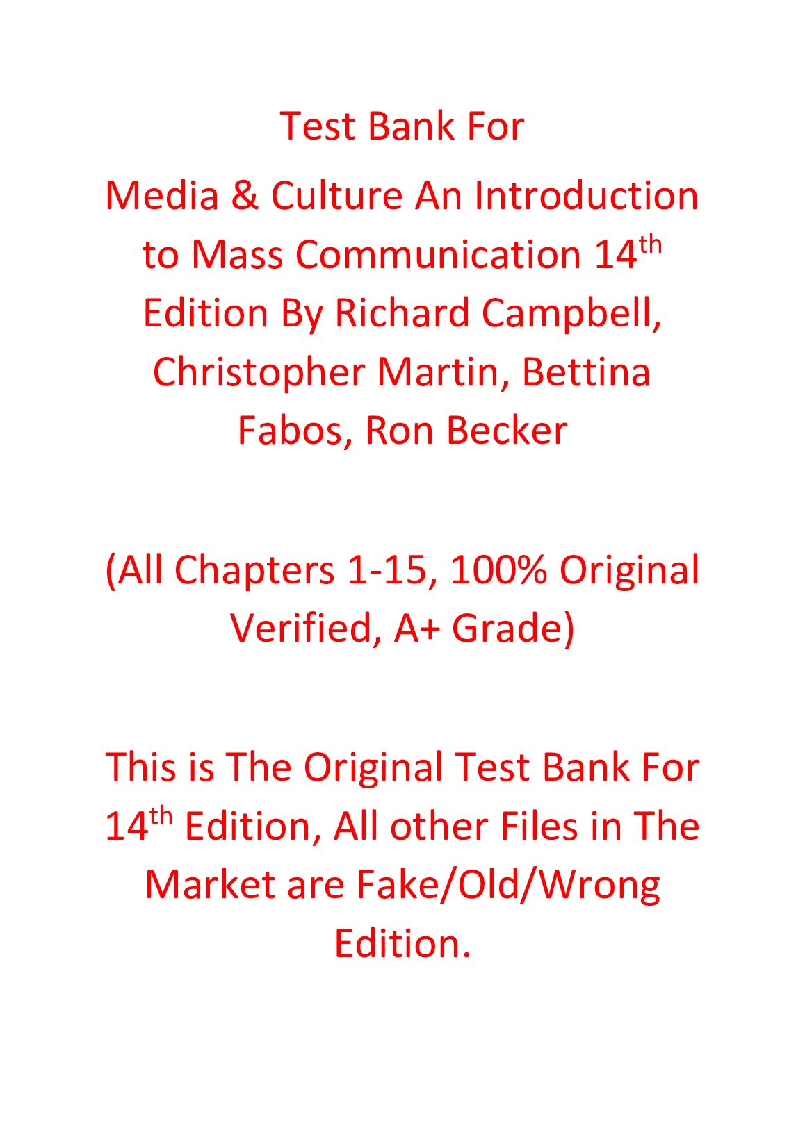 Test Bank Media & Culture An Introduction to Mass Communication 14th Edition By Richard Campbell, Christopher Martin, Be... preview image