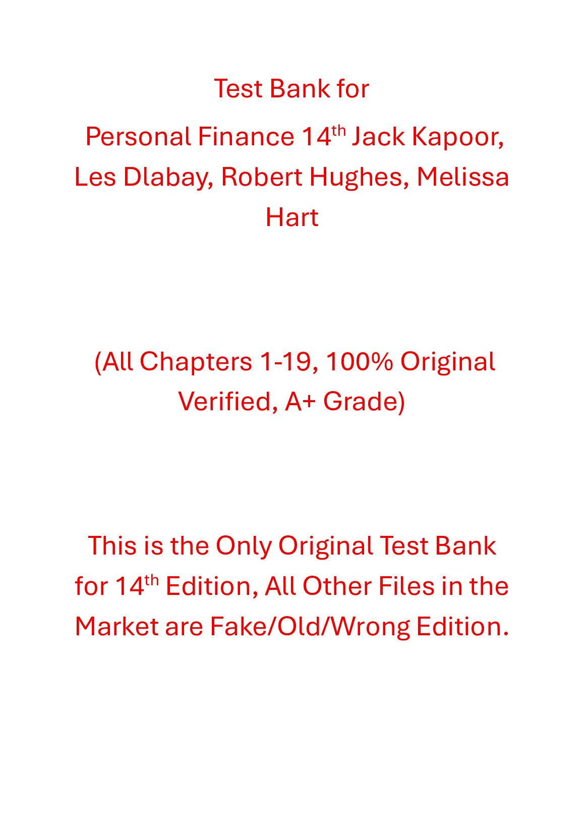 Test Bank Personal Finance 14th Edition By Jack Kapoor, Les Dlabay, Robert Hughes, Melissa Hart preview image