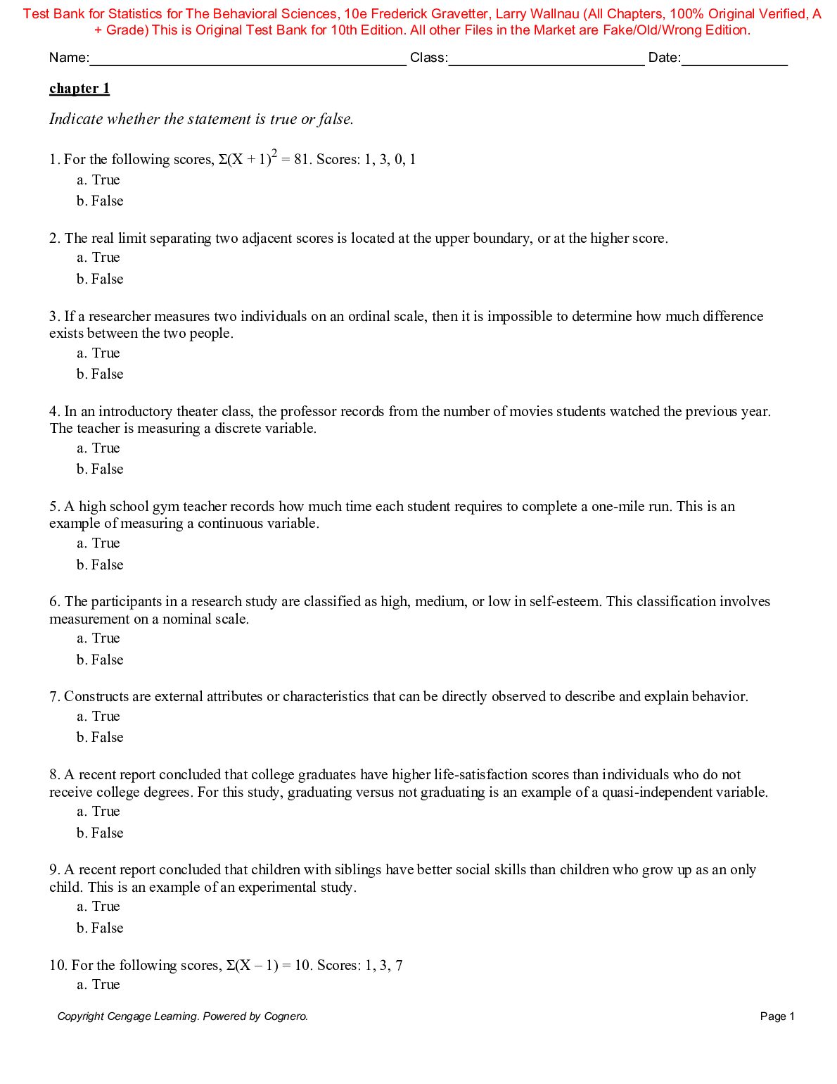 Test Bank Statistics for The Behavioral Sciences 10th Edition By Frederick Gravetter, Larry  Wallnau preview image