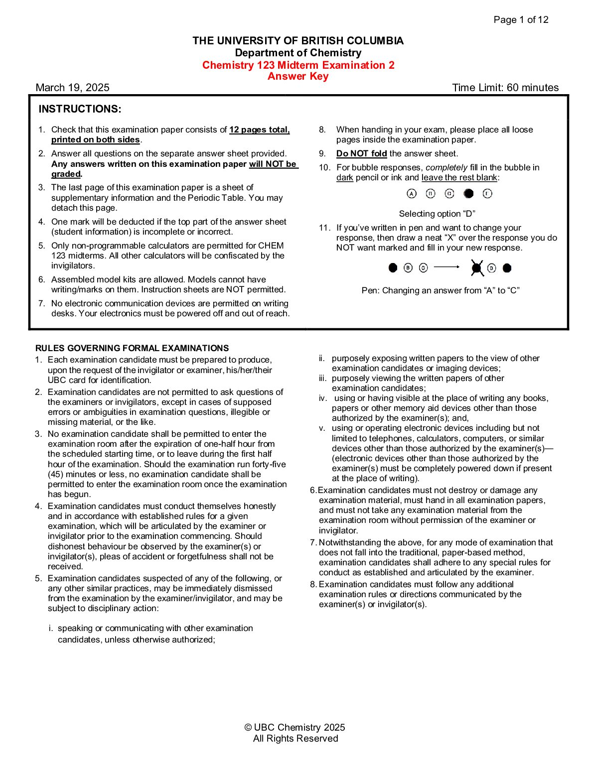 Chemistry 123 Midterm Examination 2 Answer Key THE UNIVERSITY OF BRITISH COLUMBIA Department of Chemistry preview image