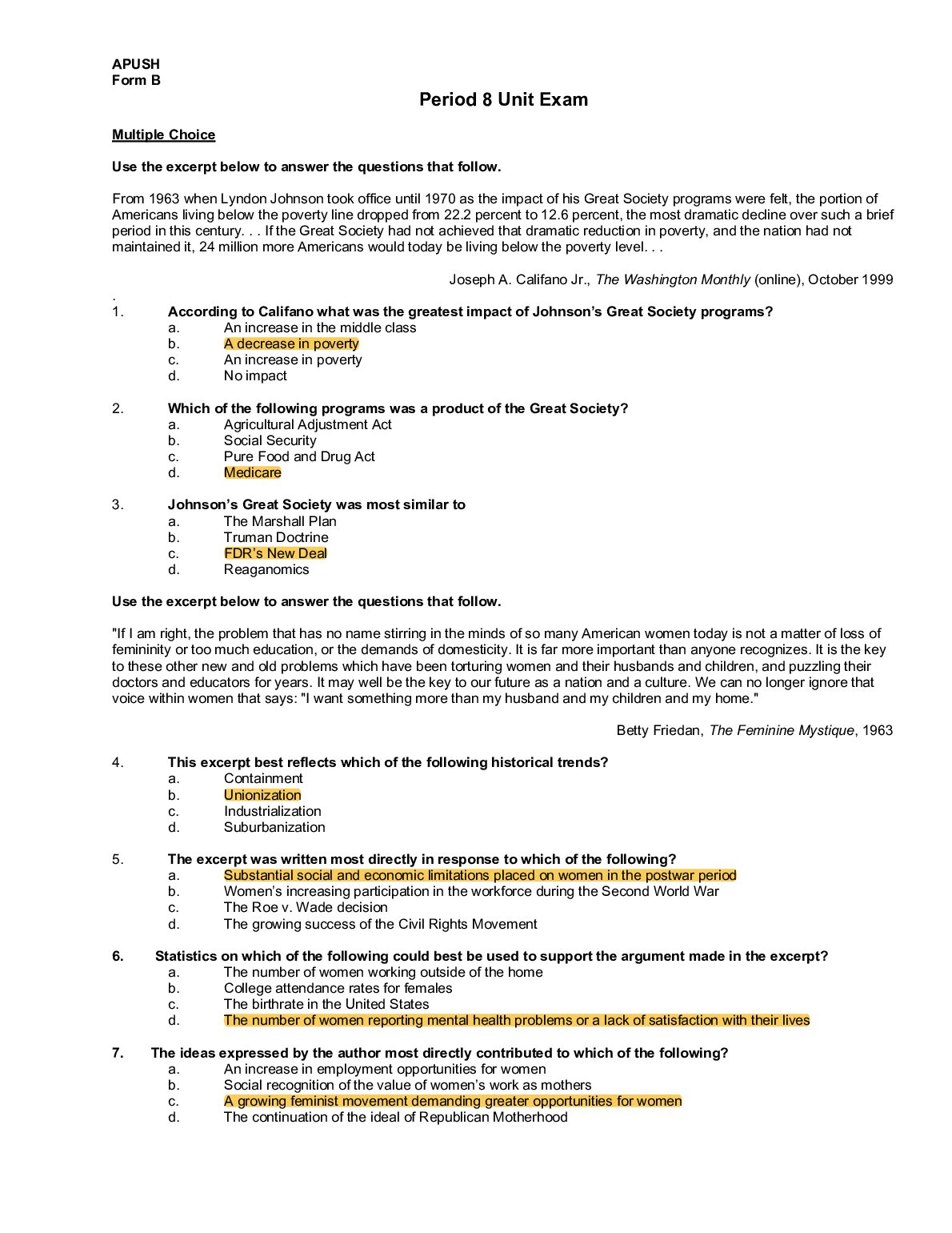 APUSH Form B Period 8 Unit Exam 55- Multiple Choice with Answers
