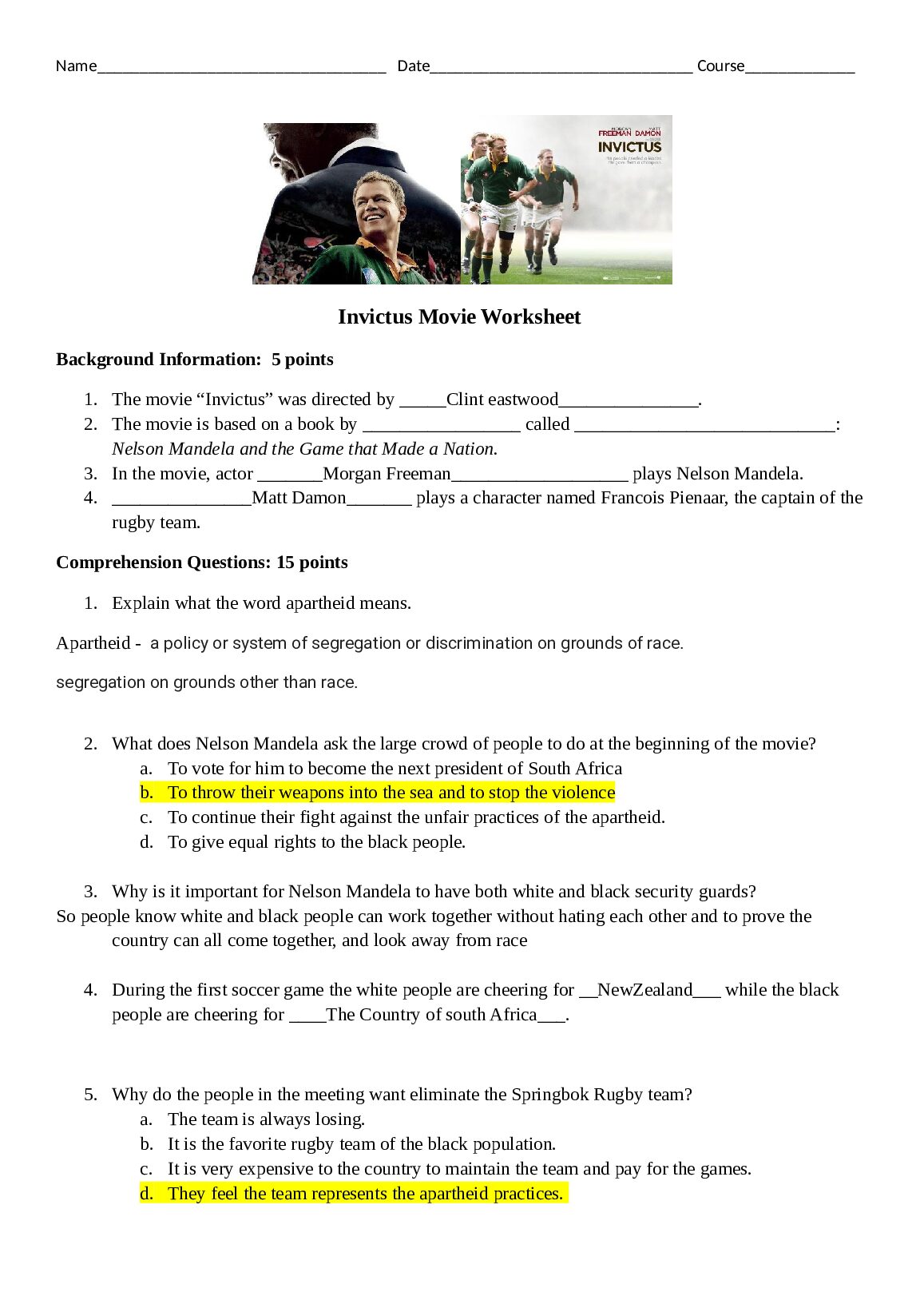 Invictus Movie Worksheet preview image