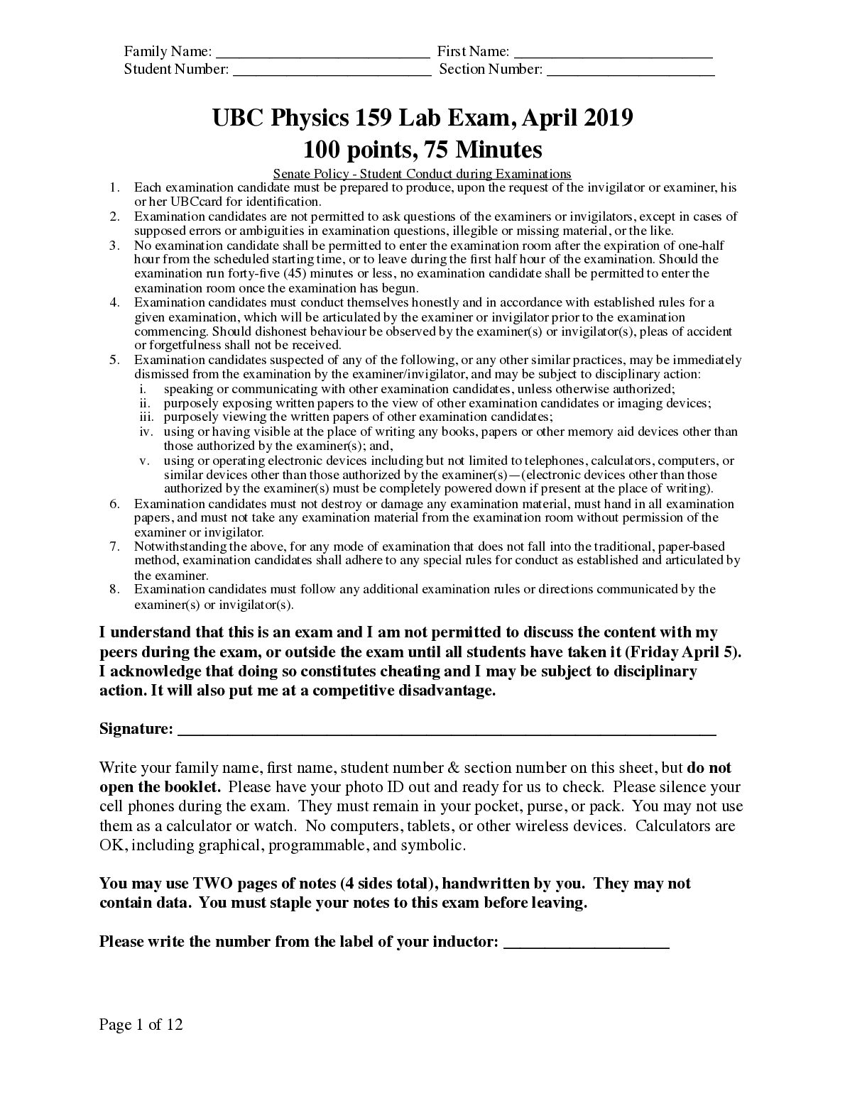 UBC Physics 159 Lab Exam, Lab-Exam-Preface preview image