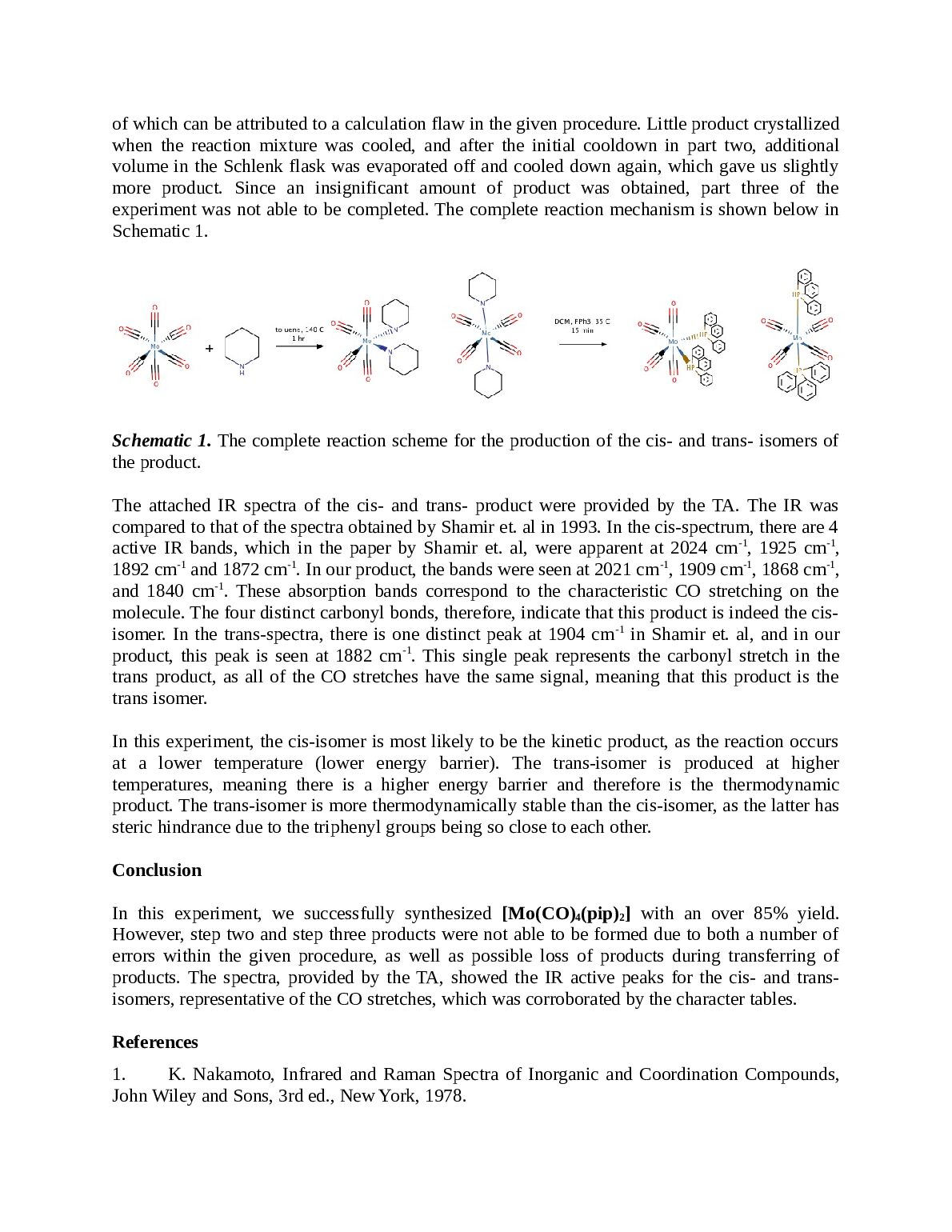 CH 431 –Inorganic Chemistry Experiment 1: Identification of Stereochemical (Geometrical) Isomers of[Mo(CO)4L2] by Infrared Spectroscopy document preview page 2