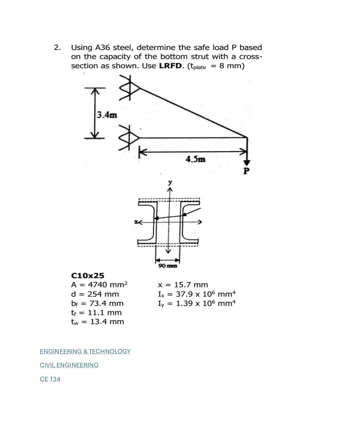 Using A36 steel, determine the safe load P based on the capacity of the bottom strut with a cross.pdf Preview 1