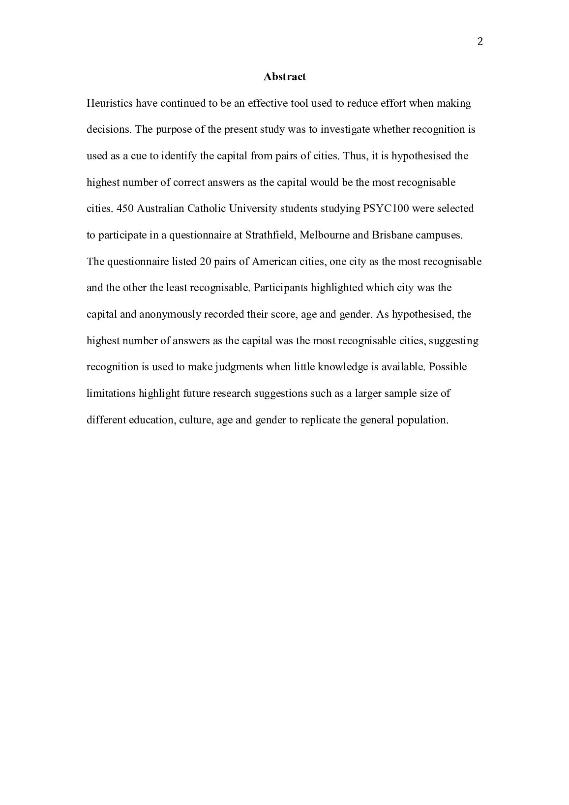 PSYC100: Foundations of Psychology | Effortless Decisions: The Effectiveness of Recognition Heuristic as a Cue to  Determine Capital Cities document preview page 2
