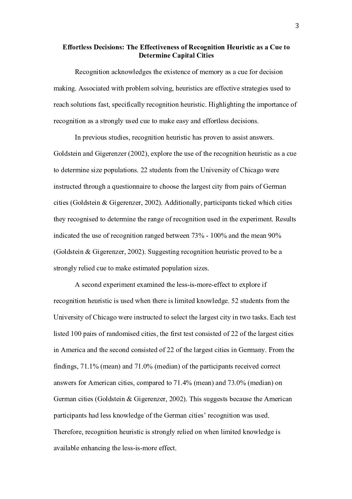 PSYC100: Foundations of Psychology | Effortless Decisions: The Effectiveness of Recognition Heuristic as a Cue to  Determine Capital Cities document preview page 3