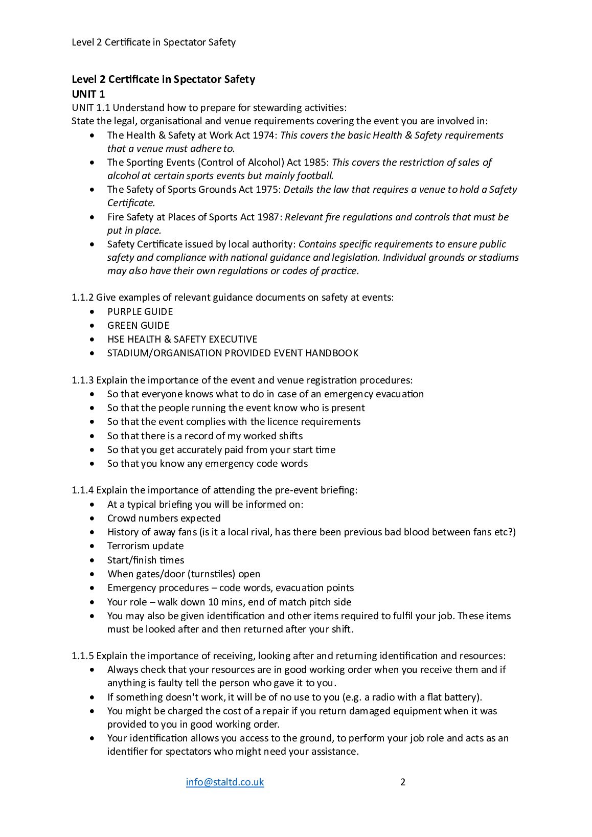 Highfield Level 2 Certificate in Spectator Safety (RQF) Qualification Number: 603/6955/3 document preview page 2
